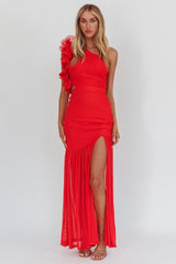 Deanna One-Shoulder Sheer Hem Maxi Dress Red