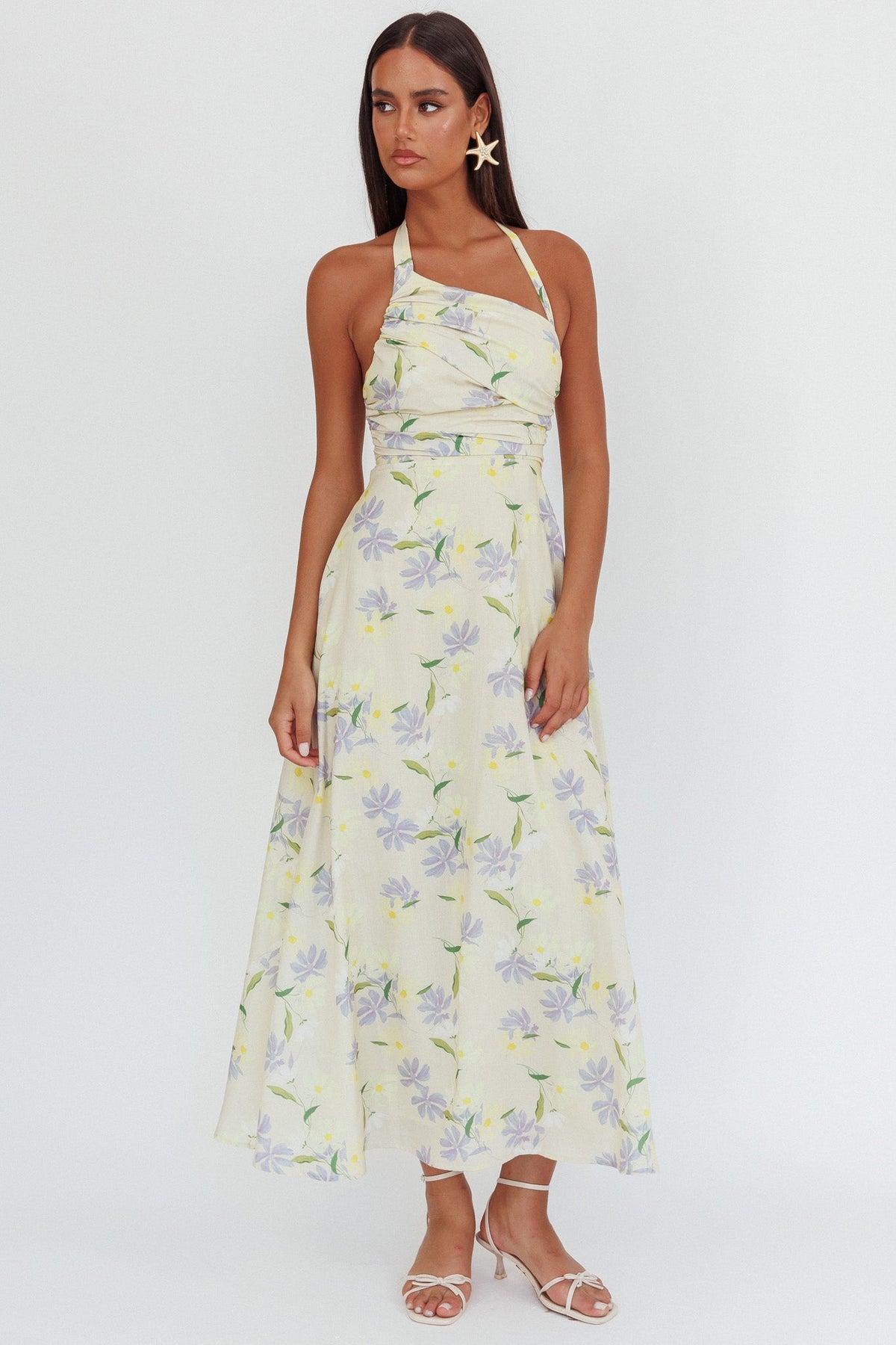 Auriana Asymmetric Neckline Halter maxi Dress Floral Lemon
