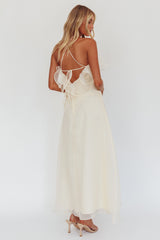 Cordially Invited Ruffle Neckline Rosette Maxi Vanilla