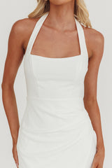 Remember This Halterneck Gathered Pleat Side Knee Length Dress White