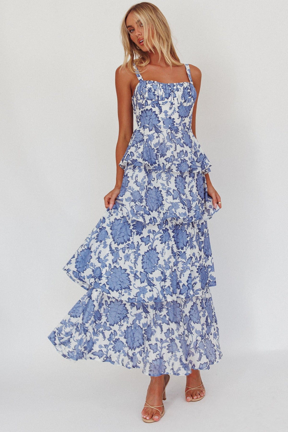 Provence Bloom Tiered Maxi Dress Floral Blue