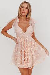 Chantilly Tied Shoulder Mini Dress Floral Embellished Pink