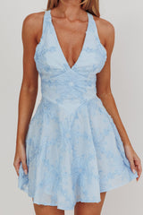 Lavalle Criss-Cross Floral Embellished Mini Dress Blue